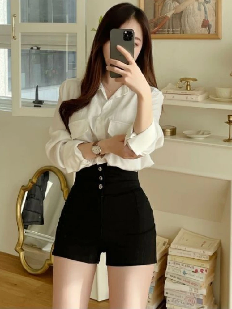반바지 여성 클래식 스포티 한 올 매치 슬림 레저 단순 휴일 유행 스트리트웨어 디자인 Ulzzang Daily Solid Mature Folds New