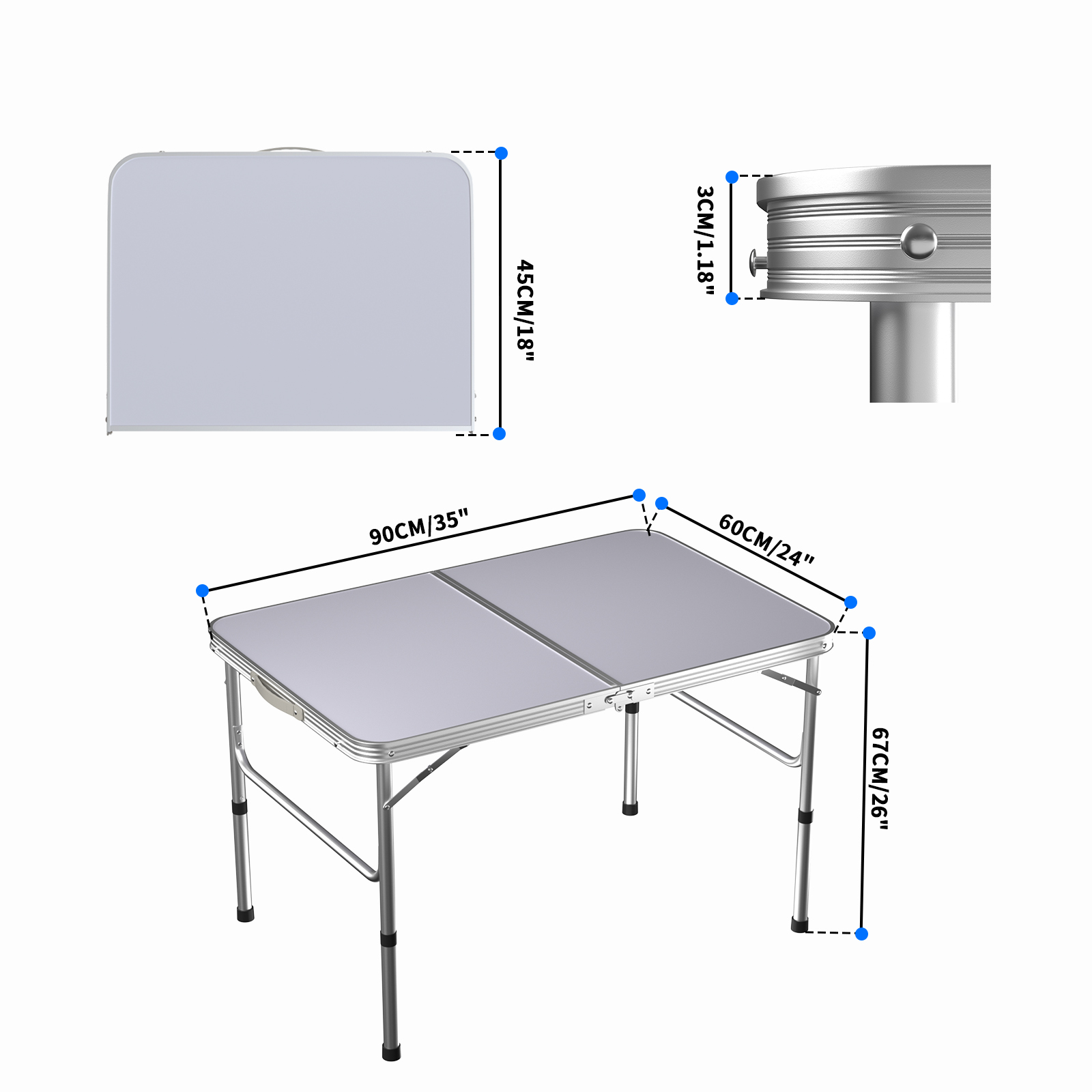3FT/90cm Folding Table Lightweight Portable Camping Table, Non-Slip Rubber feet , Premium Quality Steel Aluminium Foldable Table