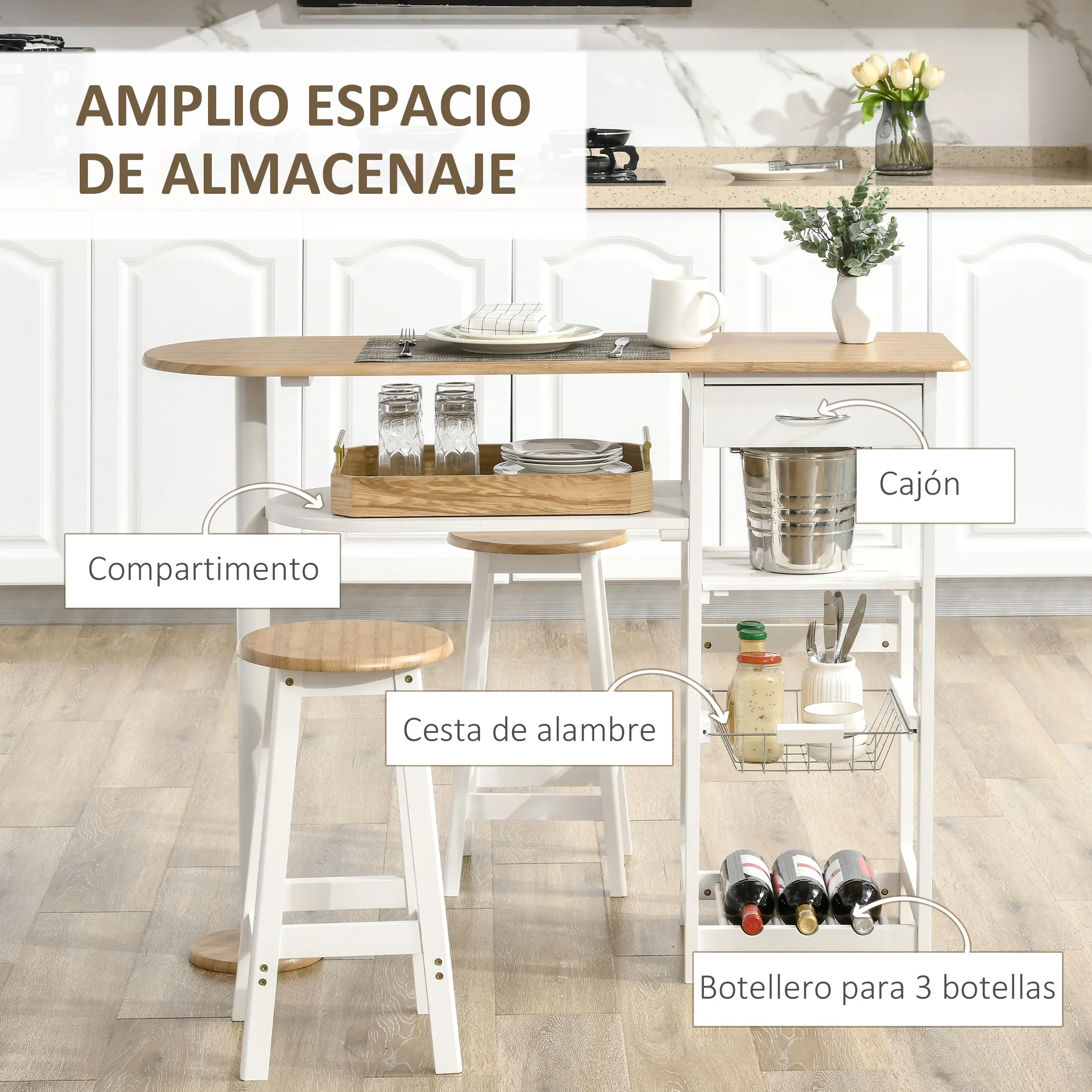 HOMCOM Set de Mesa de Bar de 119x38,5x88,5 cm con Cesta Extraíble y Botellero y 2 Taburetes de 29x29x55 cm Blanco