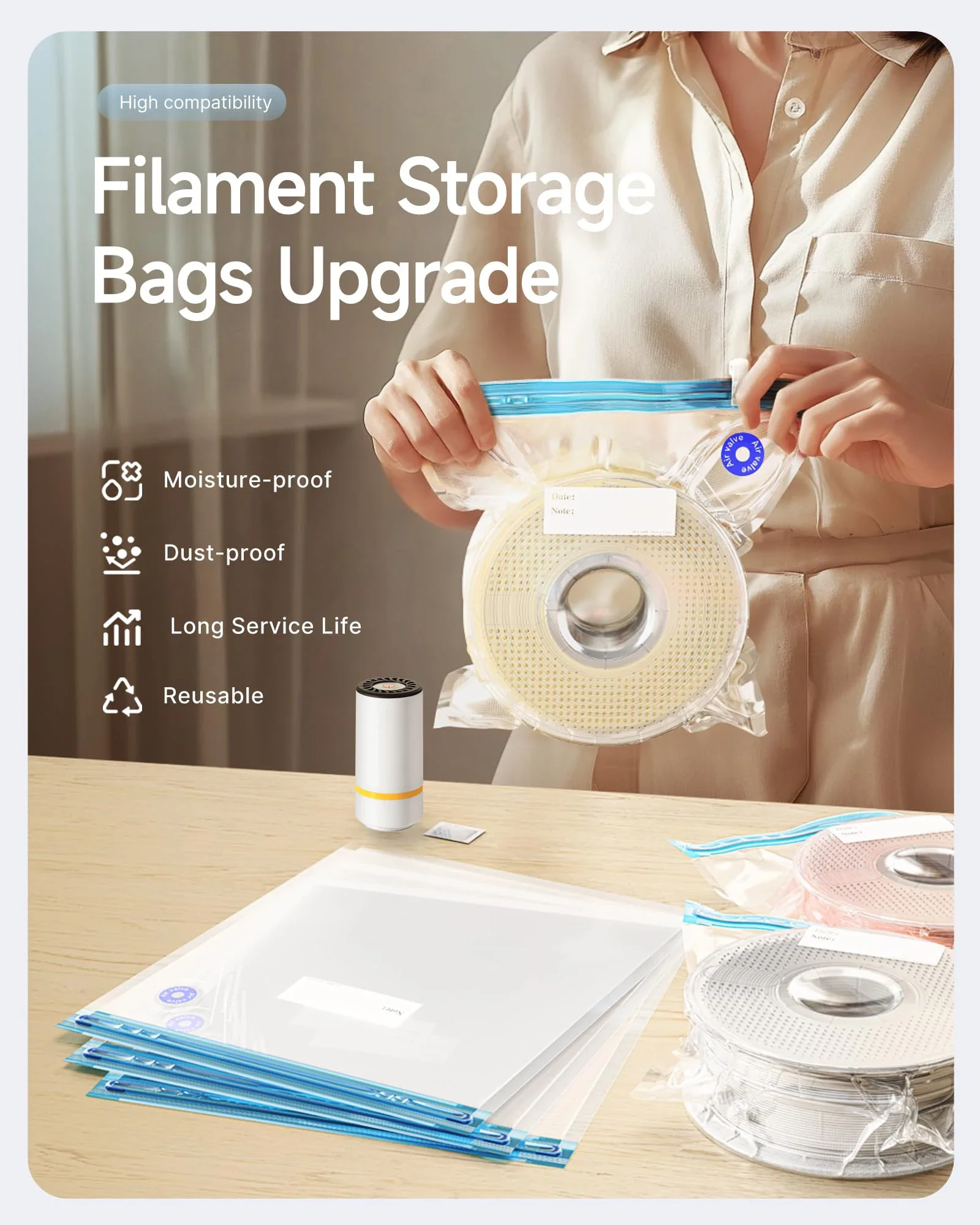 Saco de vácuo de filamento de impressora 3D com bomba de ar elétrica recarregável USB, vedação a vácuo para armazenamento de filamento PLA ABS PETG