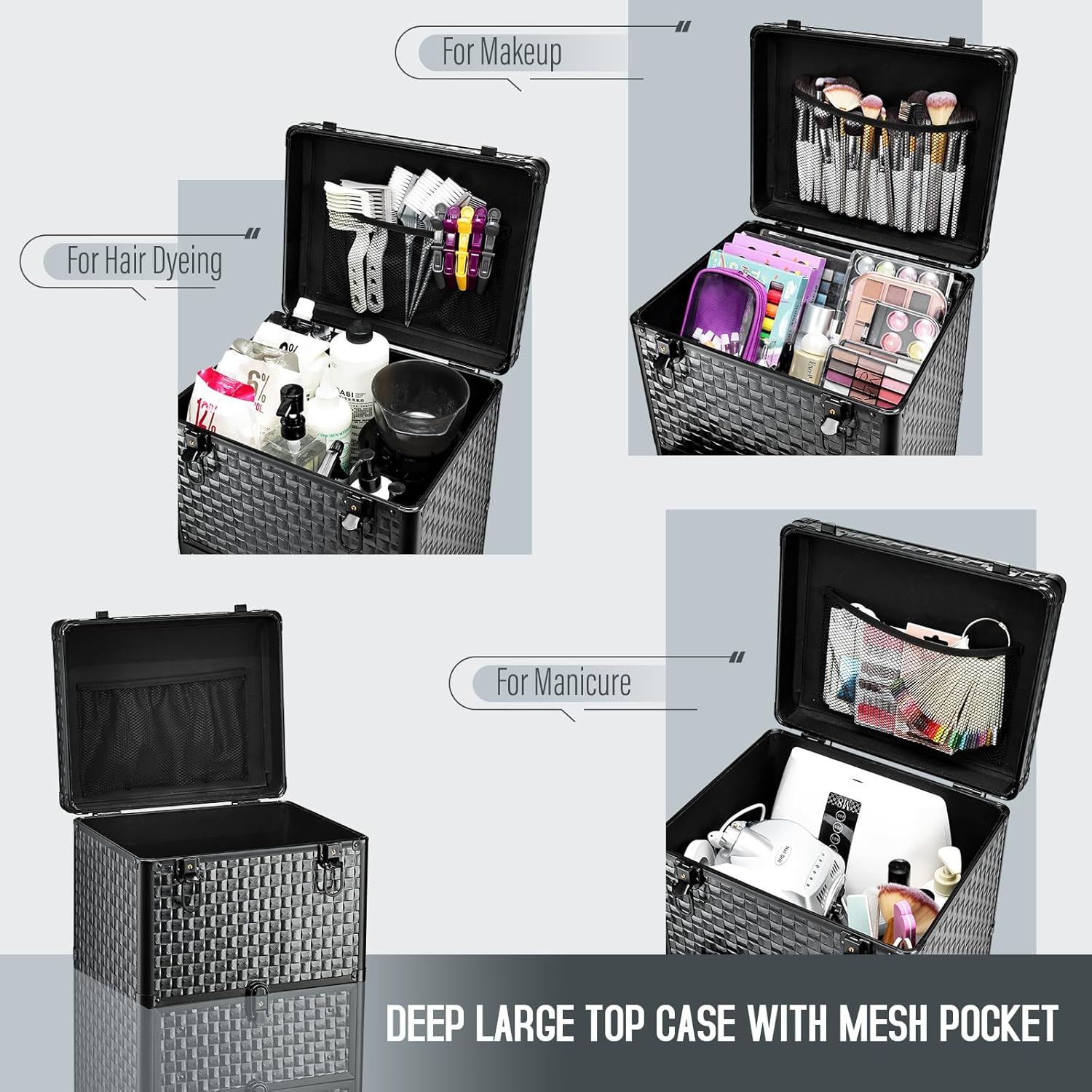 Cart with 3 Drawers, Professional Trolley Cart for Beauty Salon, Rolling Train Case Makeup Organizer Case for Nail Tech, F