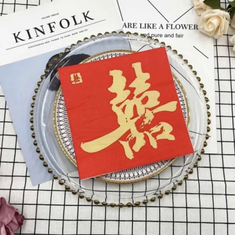 10/20pcs 2Layer 33cm Chinese Wedding Paper Napkins Chinese Elements Red Wedding Meal Mat Party Tissue DIY Decoupage Paper
