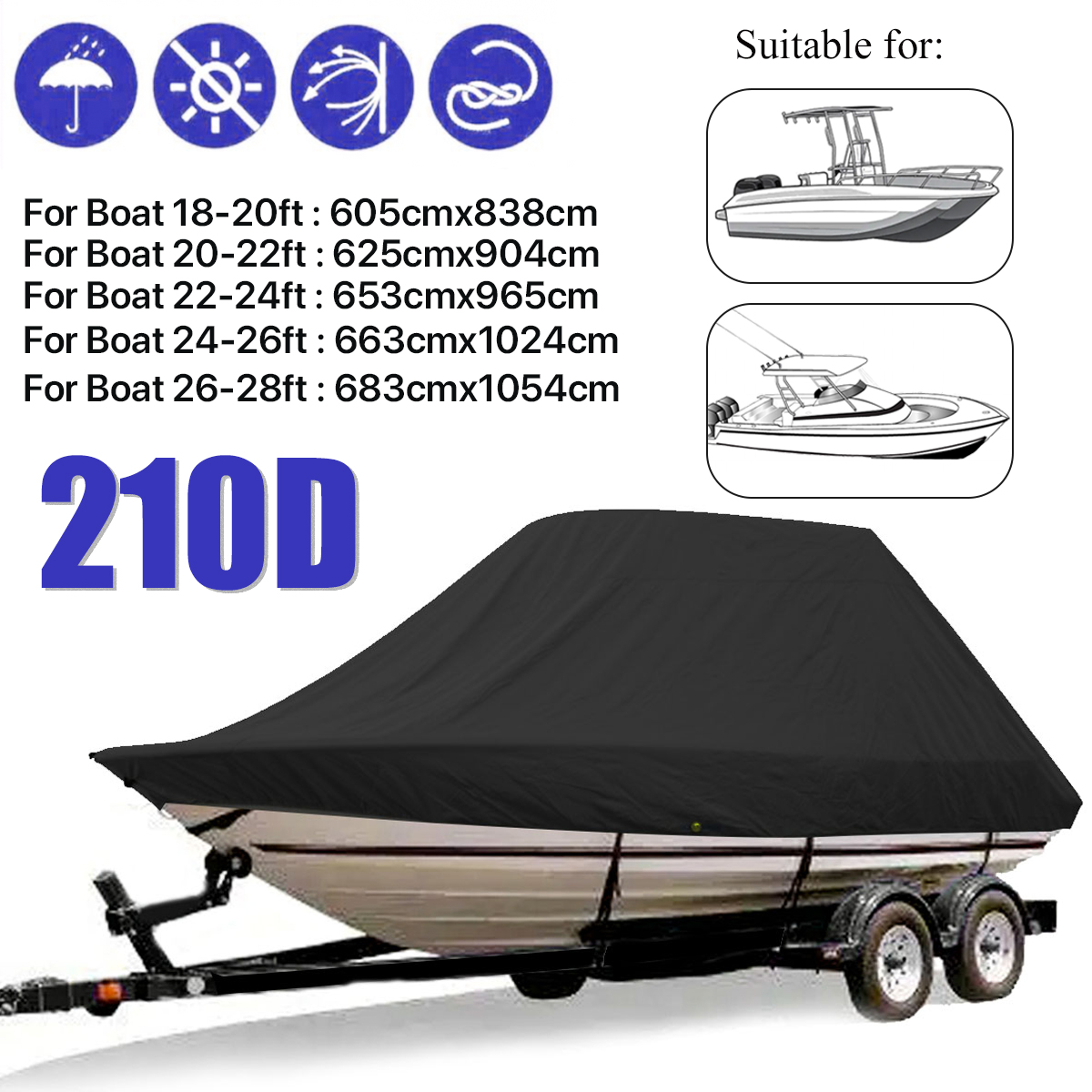 Capa de barco jumbo cruiser, 18-28 pés, 210d, resistente, oceano, água marinha, à prova de sol, proteção uv, peixe-ski, vshull, amarração