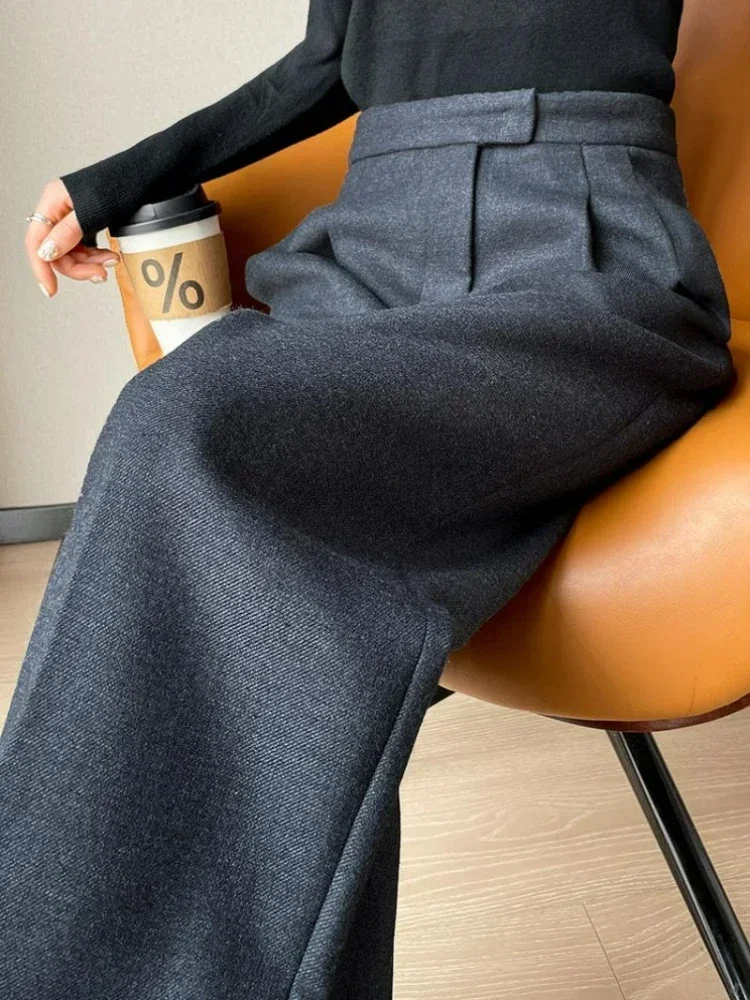 WOLLE Herbst Schlank Hohe Taille Gerade frauen Hosen Casual Einfarbig Lose Chic Weibliche Breite Bein Hosen Mode Büro Damen