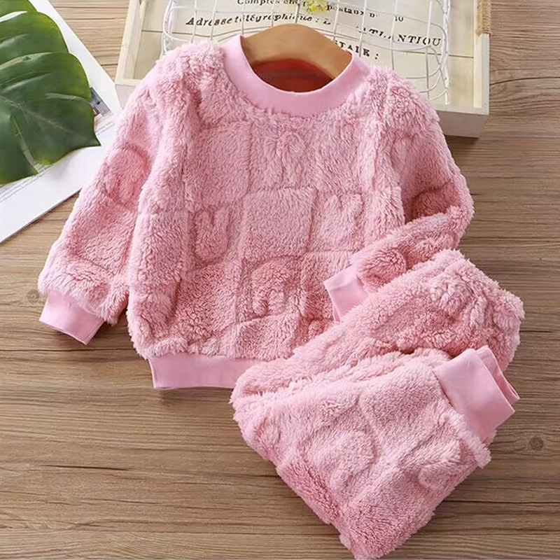 Kinderpyjama met flens in de herfst en winter past bij Koreaanse versie jongens plus fluwelen dik thuisservice meisje warm ondergoedpak