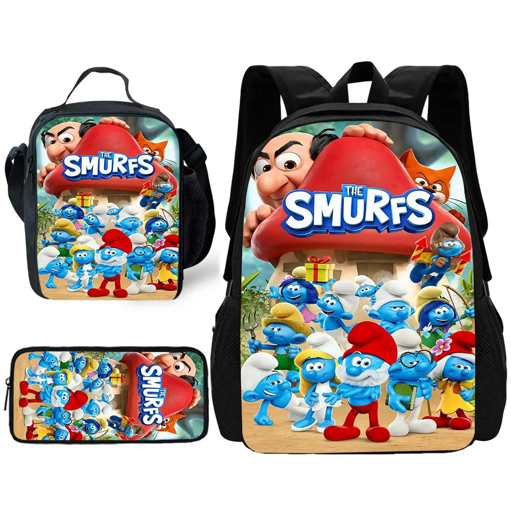 Mochila escolar infantil fofa de desenho animado azul Pixie S-Smurfs com bolsas de almoço, bolsas de lápis, bolsas escolares para meninos e meninas, melhor presente