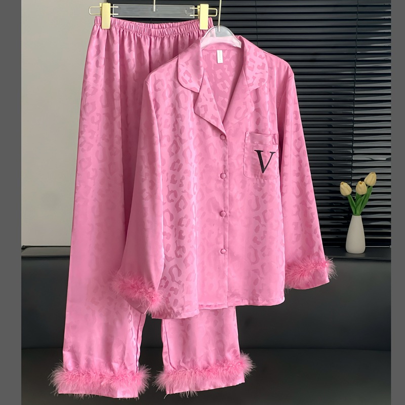 2024 夏の新パジャマスーツ長袖ヒョウナイトウェア 2 個 Pjs 女性サテンホームスーツ高級ヒョウシャツ & パンツ部屋着