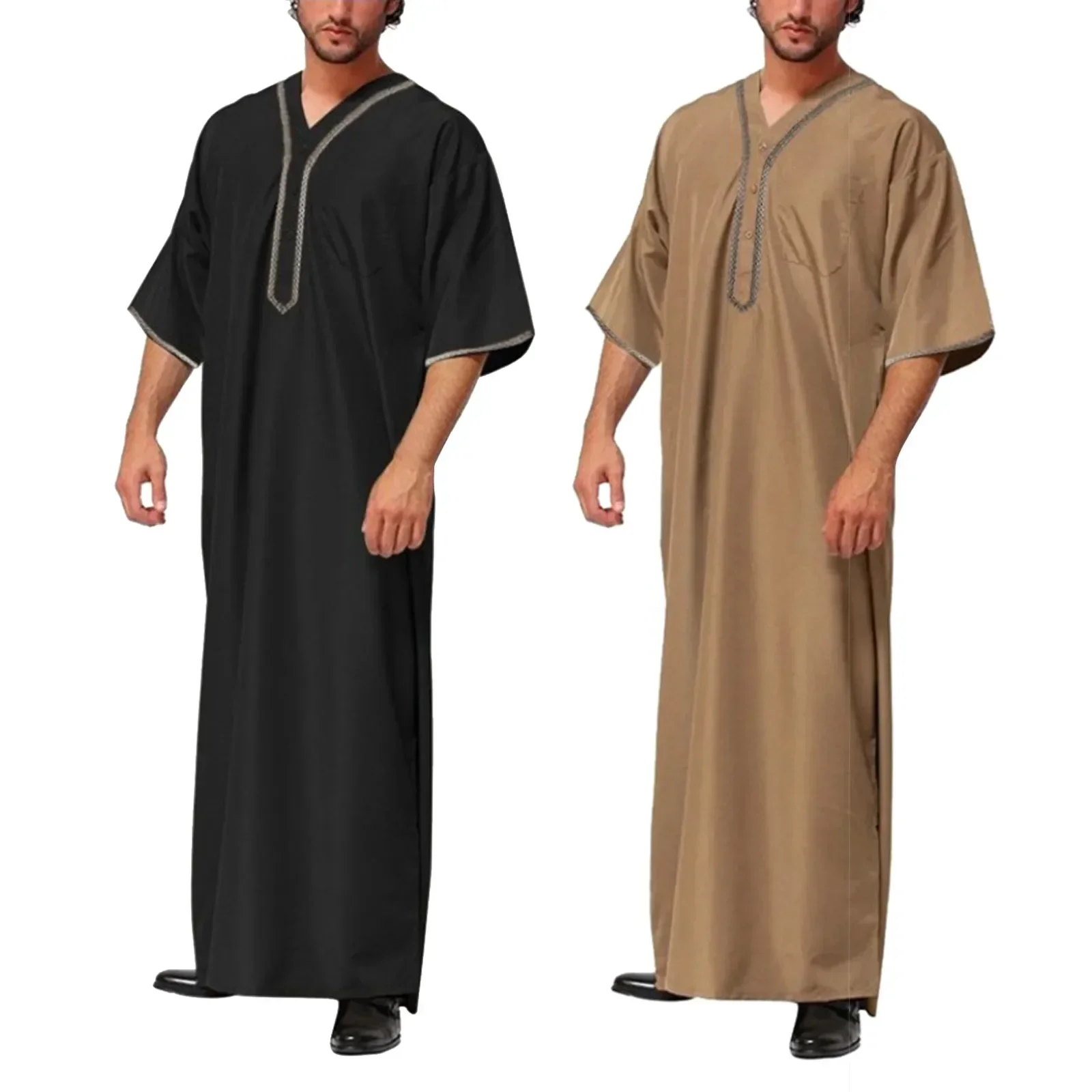 Muzułmanie Mężczyźni Jubba Thobe Jednolity kolor Guzik Kimono Środkowa szata Saudi Musulman Koszula Stójka Islamski Arabski Kaftan Mężczyźni Abaya