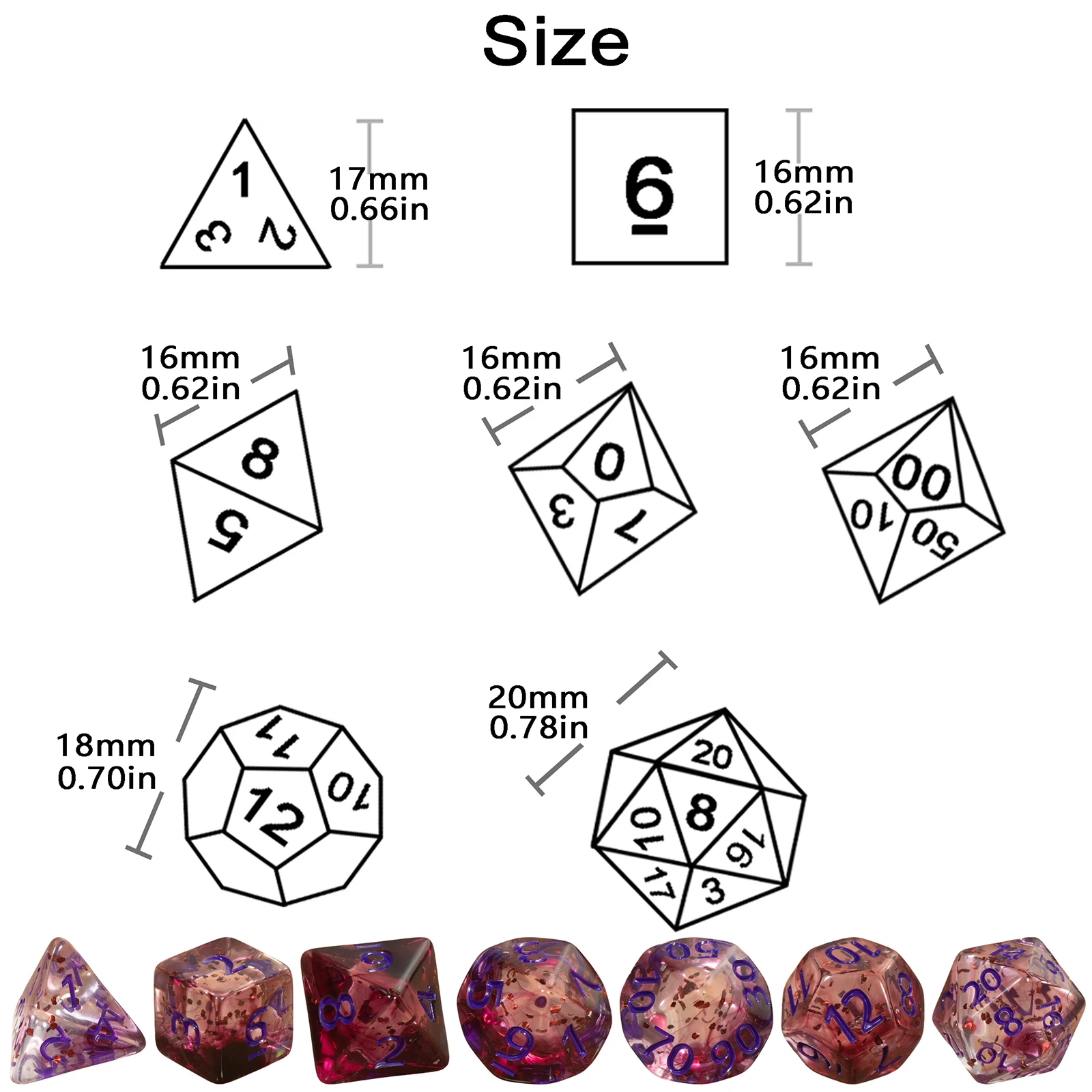 ชุดลูกเต๋า Polyhedral โปร่งใส D & D Dices พร้อม Glitter Effect สําหรับเกมกระดานบทบาทเล่นเกม D4 D6 D8 D10 D00 D12 D20 ลูกเต๋า