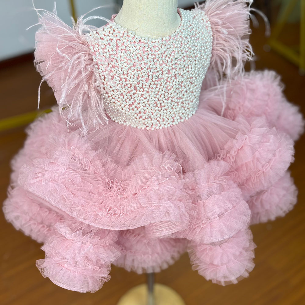Robe à fleurs en Tulle rose pour filles, pour mariage, bouffante avec perles, robes de fête d'anniversaire pour bébés enfants, robes de première Communion
