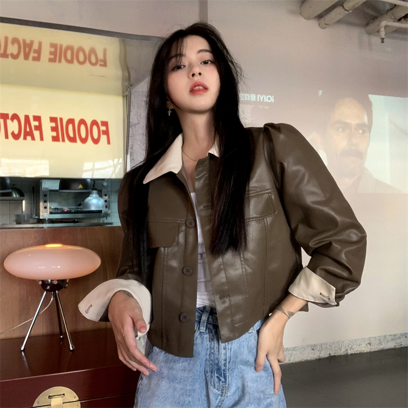 韓国スタイルスリムフィットショートカラーブロックレザージャケット秋の新着フレグランススタイルファッション女性のプレミアム品質トップ