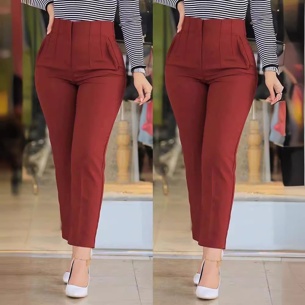 Traje ajustado plisado de Color sólido para mujer, pantalones de nueve puntos, pantalón largo negro informal a la moda, novedad de 2024