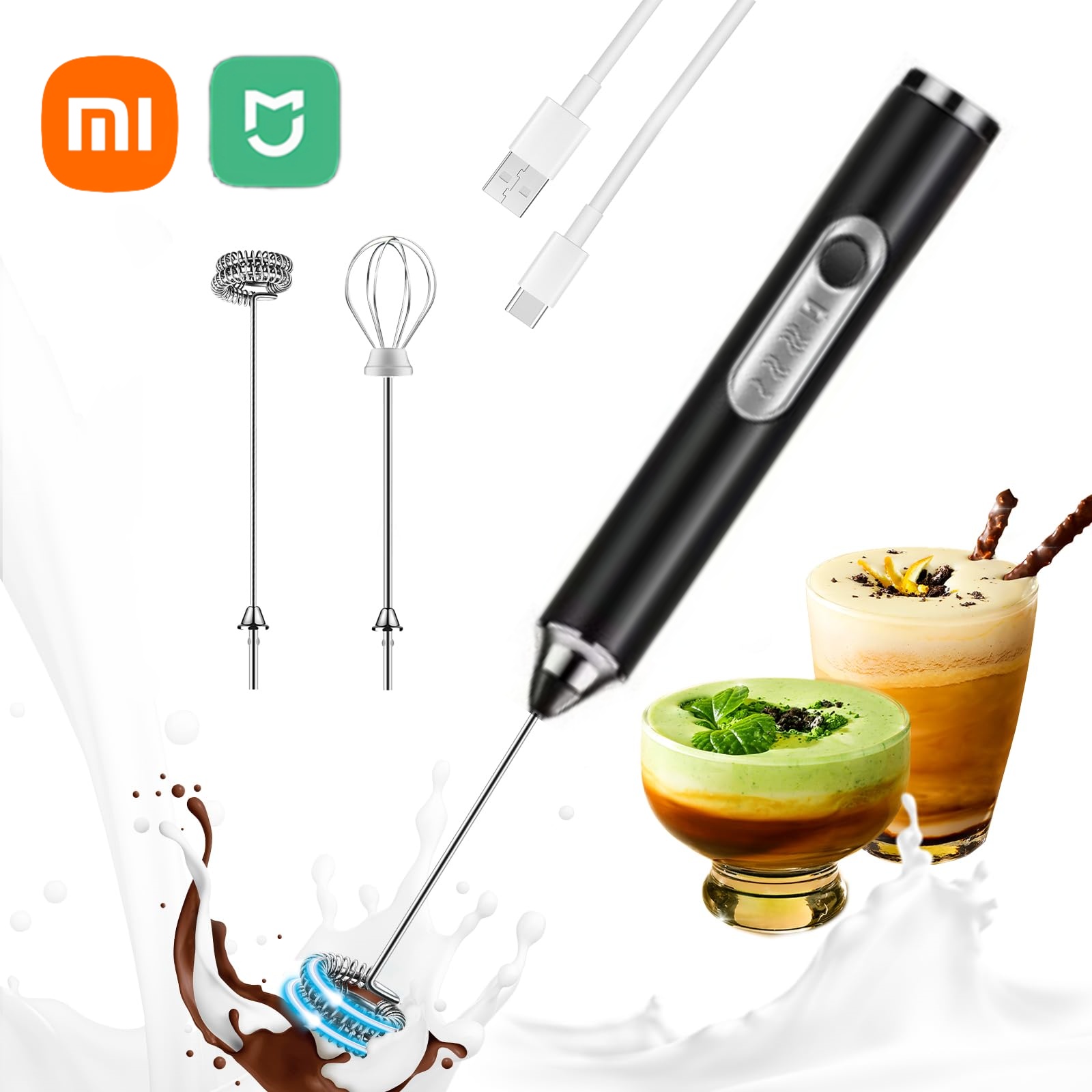 MIJIA Espumador de leche batidor de huevos de mano recargable juego de 2 cabezales Espumador de leche eléctrico fabricante de espuma mezclador café capuchino crema