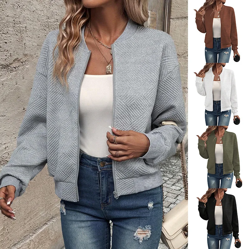 Jaqueta de beisebol monocromática com zíper, jérsei casual, colarinho luxuoso, durável, simples, novo, elegante, outono, inverno, 2024