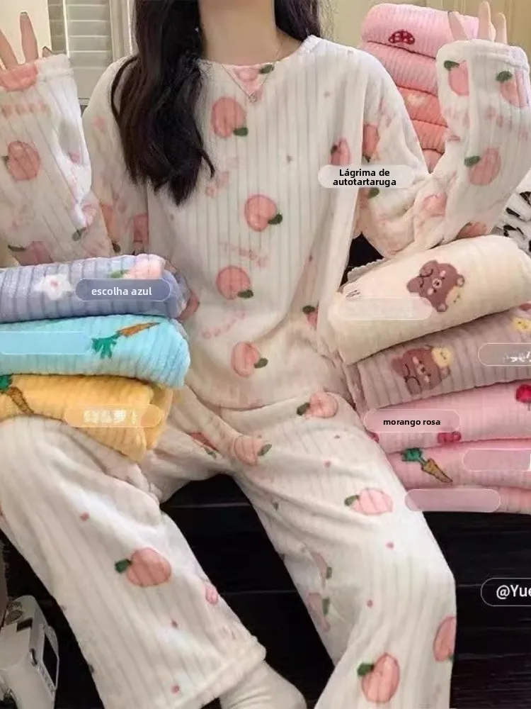 Conjunto de Pijamas Fs de Coral Fce Adorável e Aconchee para Outono e Inverno, Roupas Casuais para Casa com Cal...