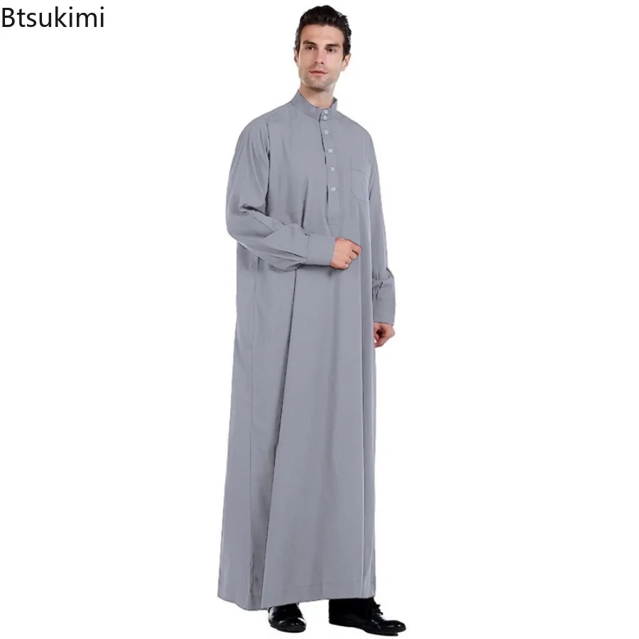 2025 イスラム教徒のファッションアバヤ男性のための無地長袖カフタンスタンドカラーローブトーブ Jubba Dishdasha Thawb イスラム服