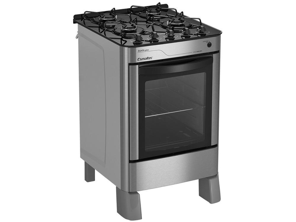 Fogão 4 Bocas Esmaltec Prata Mesa de Vidro Agata Glass - Bivolt