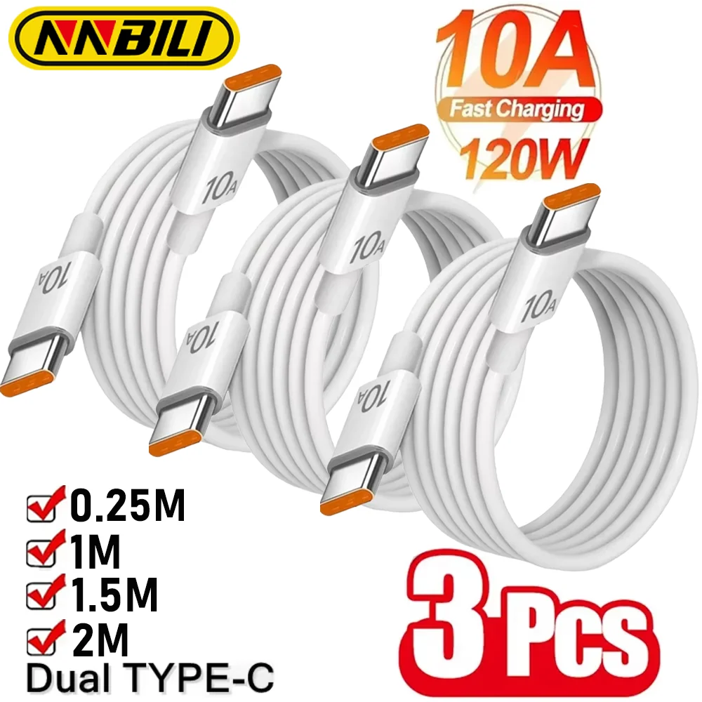 NNBILI 3 pezzi universale 120W 10A caricabatterie rapido PD doppio tipo C cavo di ricarica rapida cavo dati per iPhone 15 16 Samsung HUAWEI
