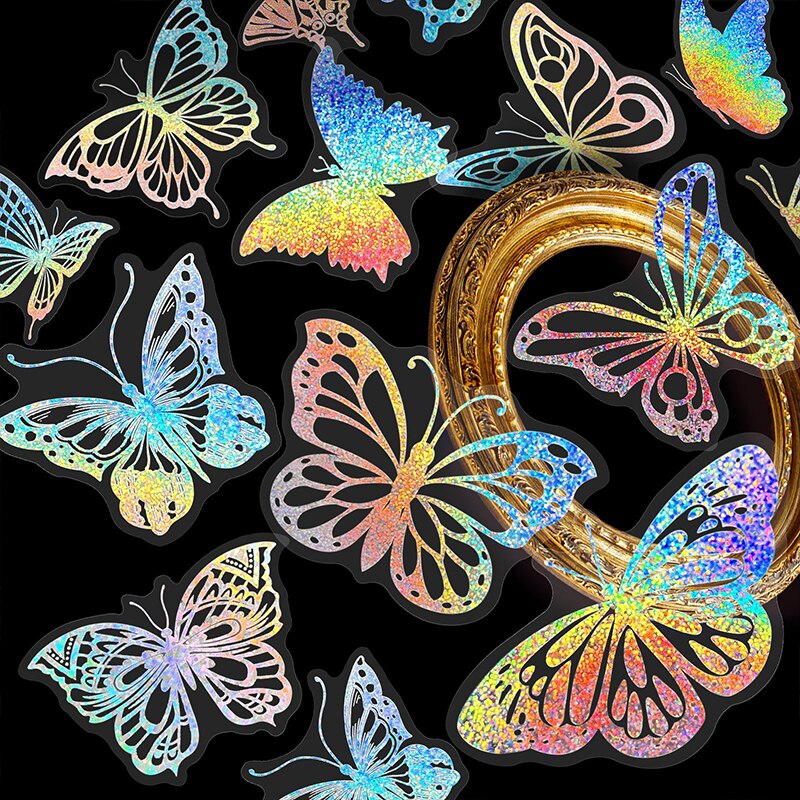 100pcs Magic PET Laser Flash Stickers  World Butterfly Blooming Camellia Flowers Creative Retro Transparent Waterproof Stickers