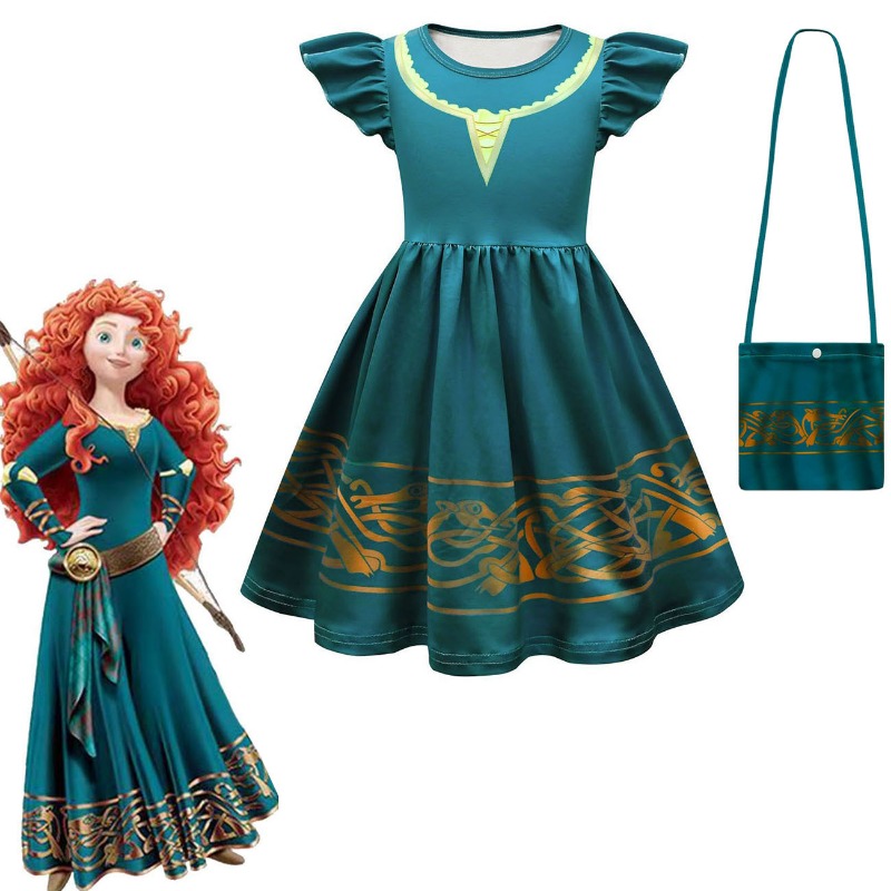 Kostum Merida Film panas, kostum untuk anak perempuan, Gaun putri Halloween, Wig, karnaval, Fantasia, kostum Cosplay pesta Natal anak-anak