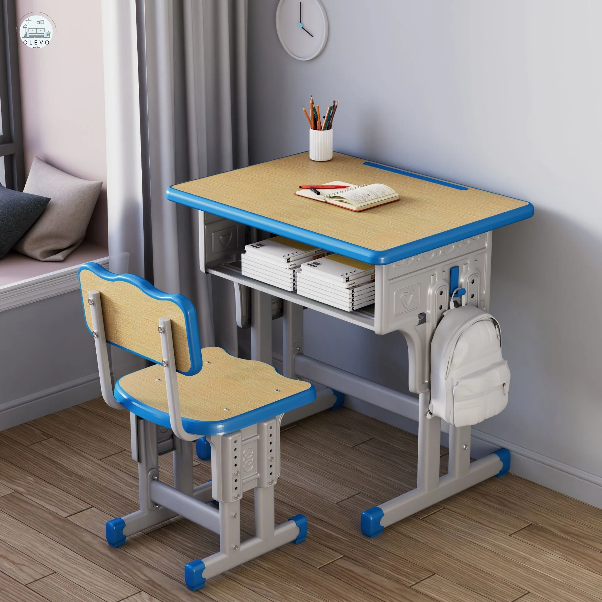 Mesa e cadeiras de madeira Olevo para aprendizagem infantil Conjunto de mesa e cadeiras ajustáveis para alunos do ensino fundamental e médio