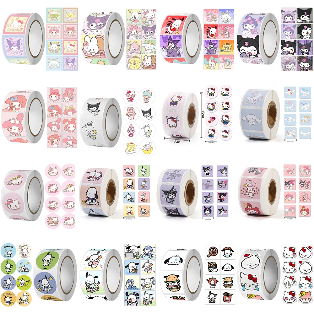 500 pçs/rolo sanrio adesivos kawaii olá kitty melodia kuromi cinnamoroll bagagem graffiti decalques brinquedo do miúdo decoração adesivo presente