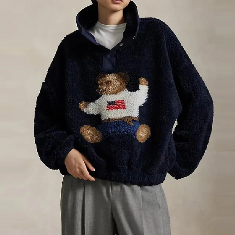 Outono inverno macio dos desenhos animados urso cordeiro jaqueta para mulheres gola manga longa solto casaco 2025 nova senhora quente grosso outwears