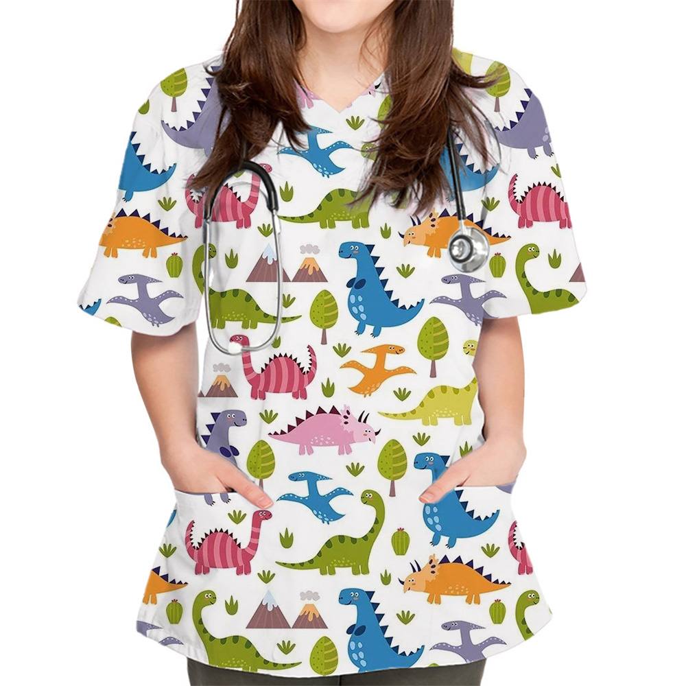 女性のためのポケット付き看護ユニフォーム、看護ユニフォーム、Vネックトップ、かわいい看護トップス、プリントナース、かわいい歯科医トップス