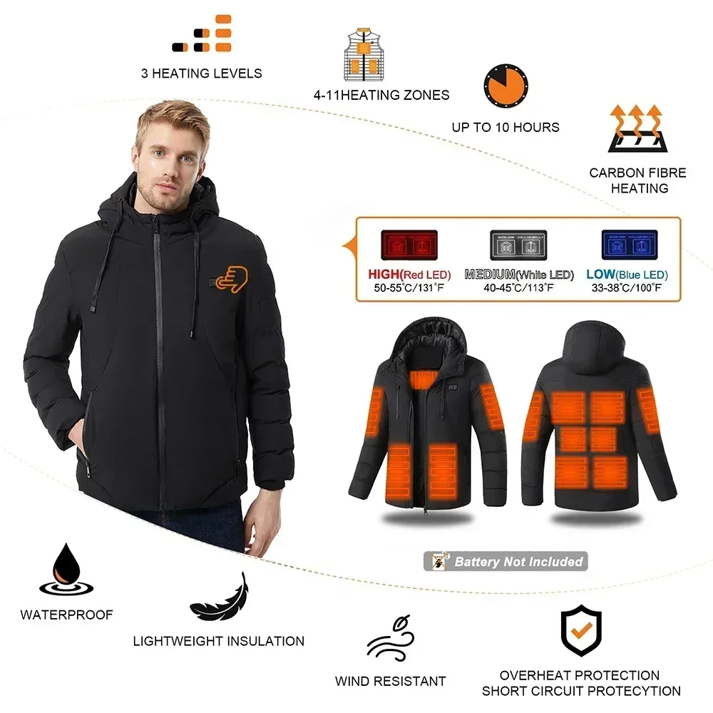 Chaqueta calefactable, Abrigo calefactable eléctrico con control simple y doble USB inteligente de 4-11 zonas, Parka con capucha para hombre para acampar en invierno y senderismo 6XL