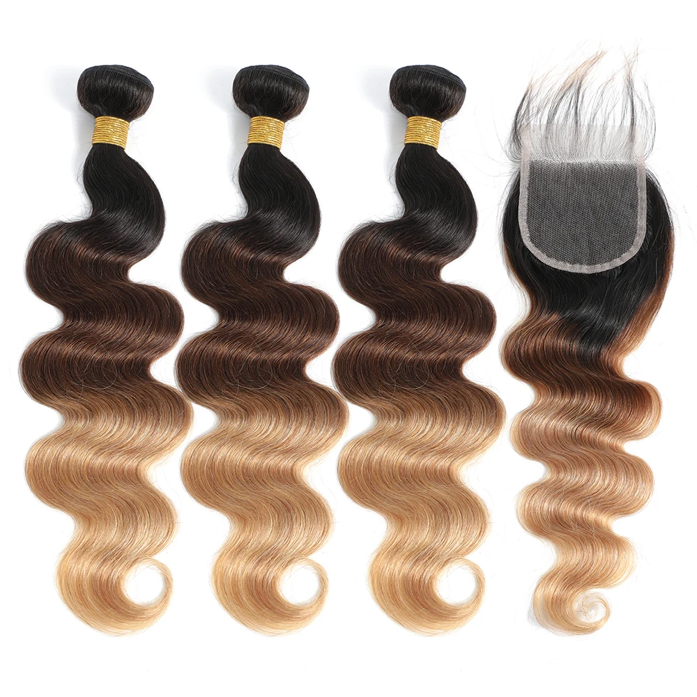 Ombre cor onda do corpo pacotes de cabelo humano com fechamento 100% cabelo virgem não processado 1b/4/27 pacotes coloridos extensão do cabelo humano