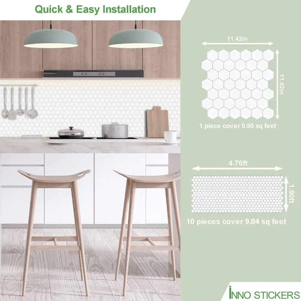 10-Sheet Hexagon Peel and Stick Tile Backsplash Waterproof Self-Adhesive Marble Look Tiles Multi-Layer Structure Oil-Proof Heat