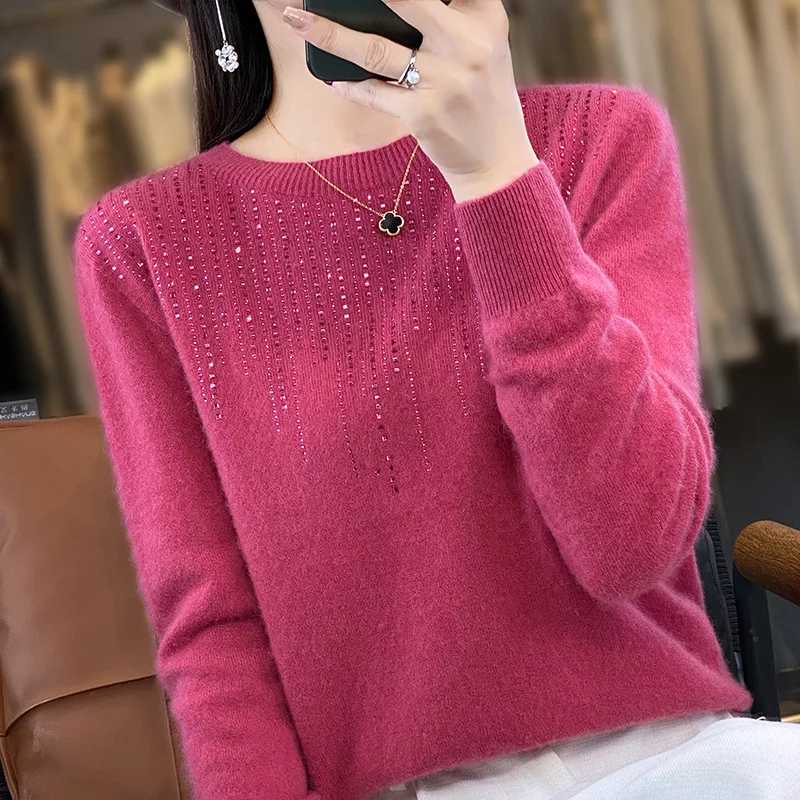 Herbst und Winter neue Damen-Rundhalsausschnitt, heiß gebohrt, langärmelig, gefüttert, fertig konfektioniert, lockerer und gestrickter, modischer warmer Pullover