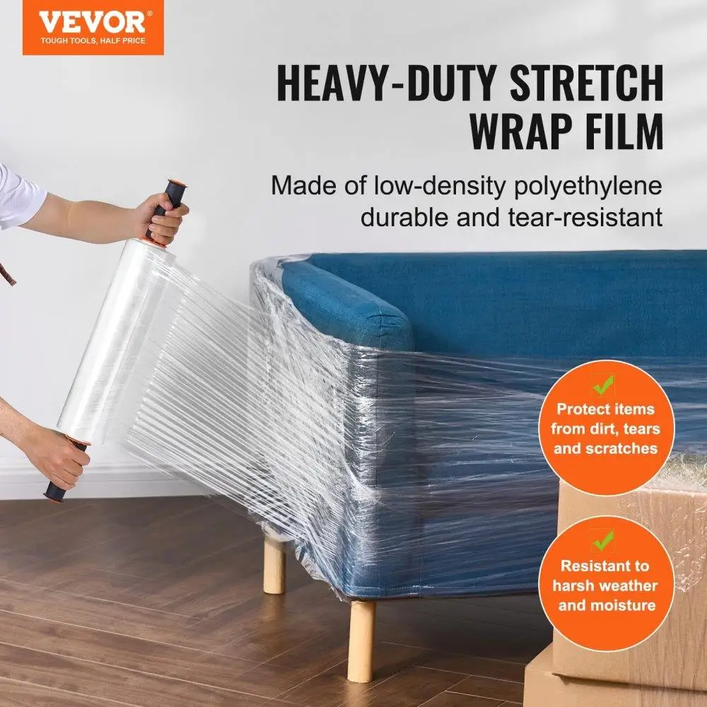 2-Pack 15 x 1200ft Heavy Duty Stretch Film - 80 Gauge Clear Wrap with Handles for Shipping, for pallet Wrapping & Moving