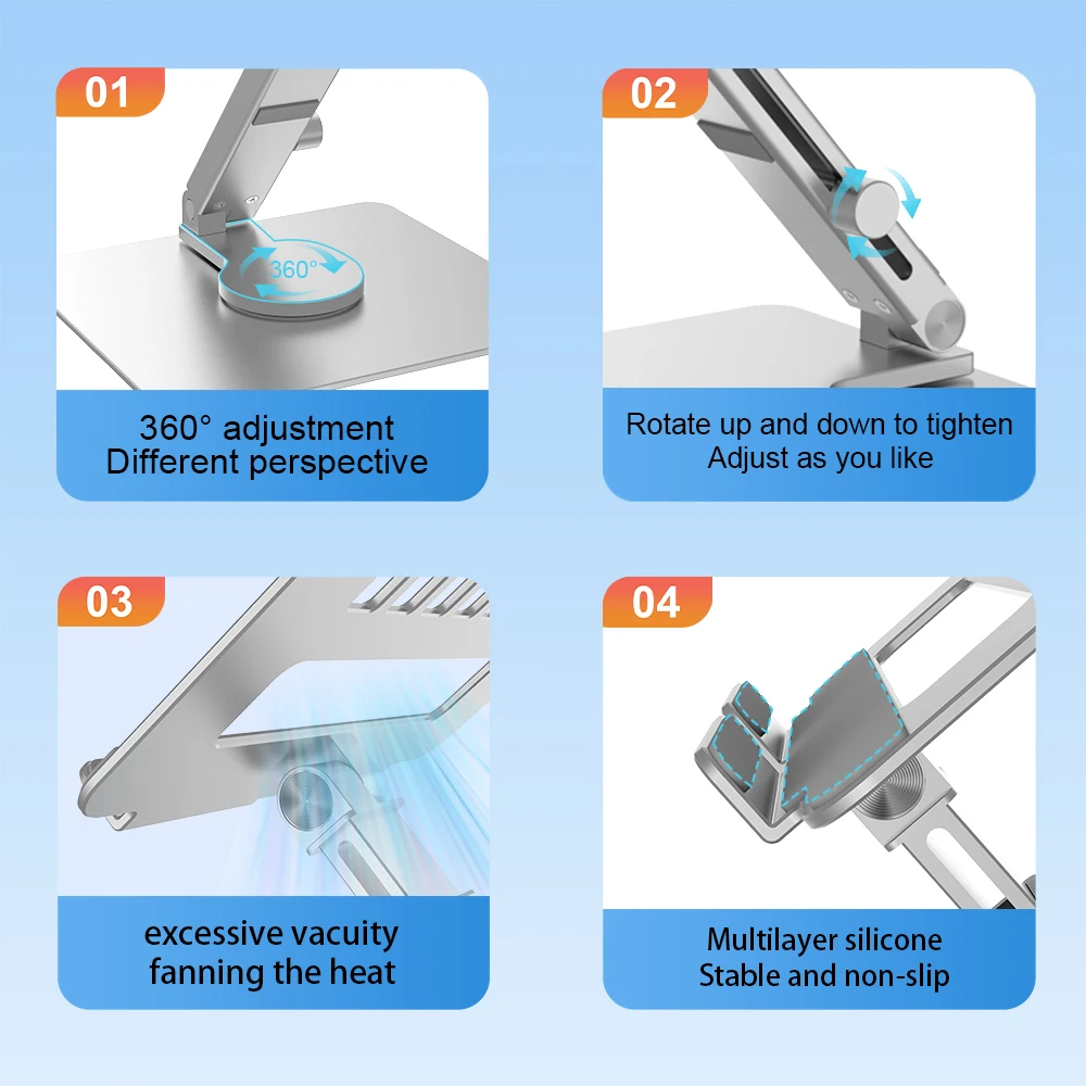 Aluminum Tablet Stand 360°Rotating Folding Adjustable Desk Holder Mount Riser for iPad Pro Air 4 Mini 12.9 4-14 Inch Xiaomi Tab