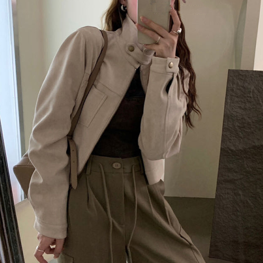 レトロなデザイン鹿皮ベルベット痩身ショートジャケットトップ 5 色ハイカラージッパー閉鎖長袖カジュアル女性のアウター