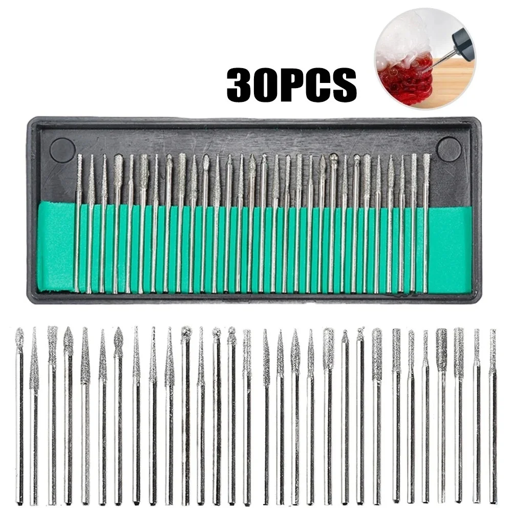 30pcs Diamond Grinding Head Wear-resistant Drill Bit Set For Woodworking Engraving Carving Polishing Drill Bit Rotary Tool Set