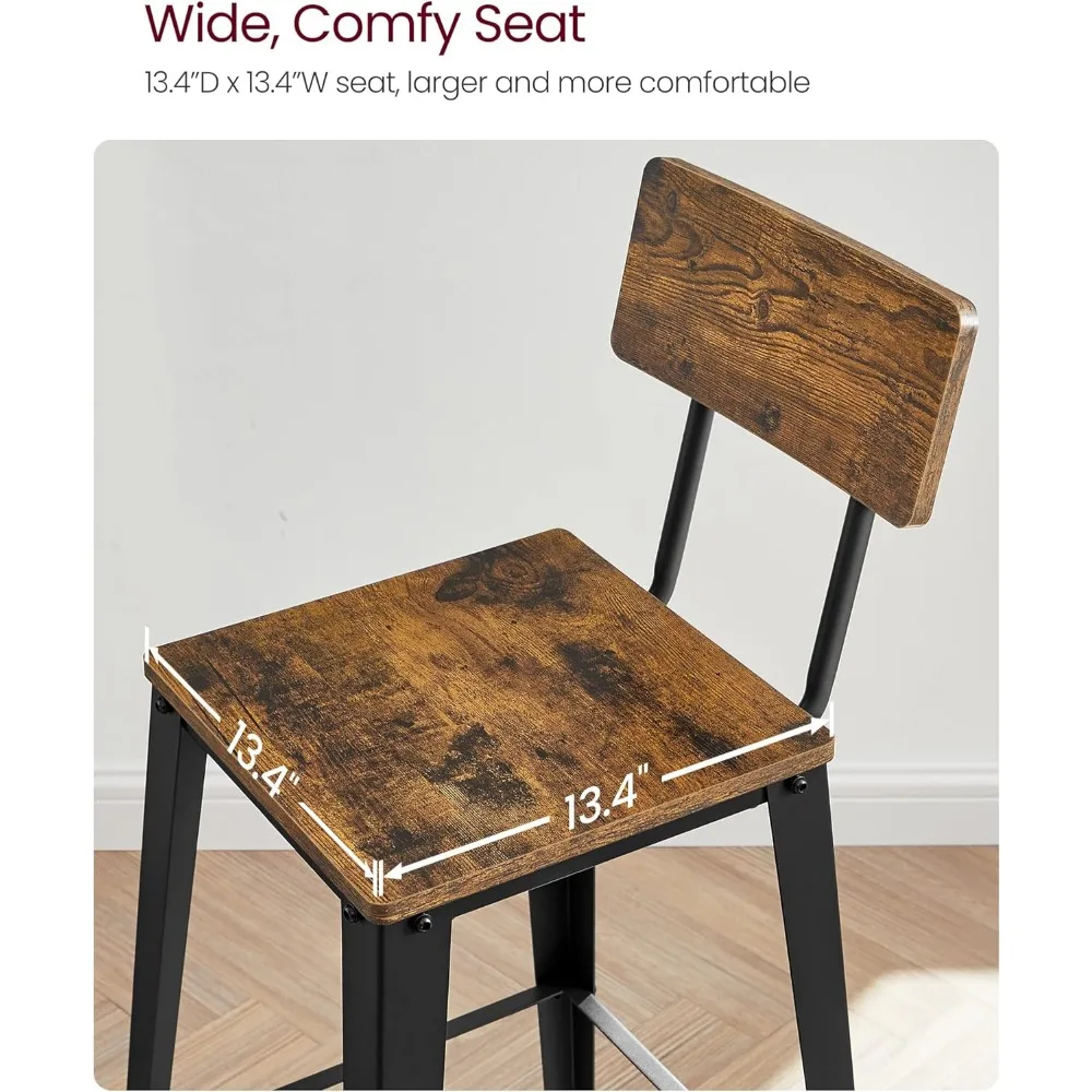 Set of 2 Bar Stools, Bar Height Stools, 29.1 Inches Tall Barstools with Back, Counter Bar Chairs for Kitchen Island Steel Frame