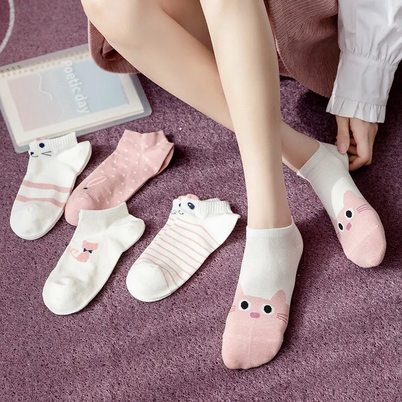 5 pares de calcetines para mujer Kitty Crew calcetines cortos calcetines con estampado creativo calcetines tobilleros lindos de gatito de dibujos animados