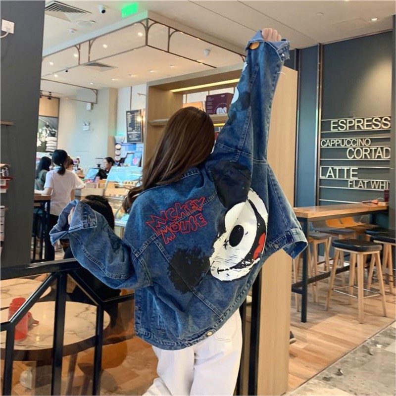 Roupas dos desenhos animados retro impresso denim jaqueta feminina outono novo solto tamanho grande jaqueta dos desenhos animados casual topo solto jaqueta
