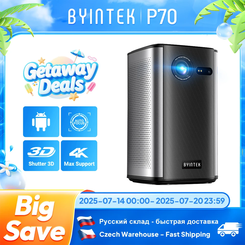 BYINTEK P70 3D 4K Mini Portable Projector  DLP Auto Focus Smart Android WiFi LED 1080P Home Theater Video Projectors With Batter