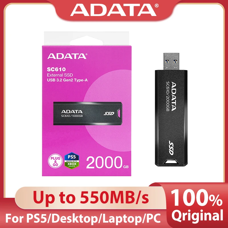 Оригинальный портативный твердотельный накопитель ADATA SC610, 500 ГБ, 1000 ГБ, 2000 ГБ, высокоскоростной USB 3.2Gen2 x2 Type-A для PS5, настольного портативного ПК