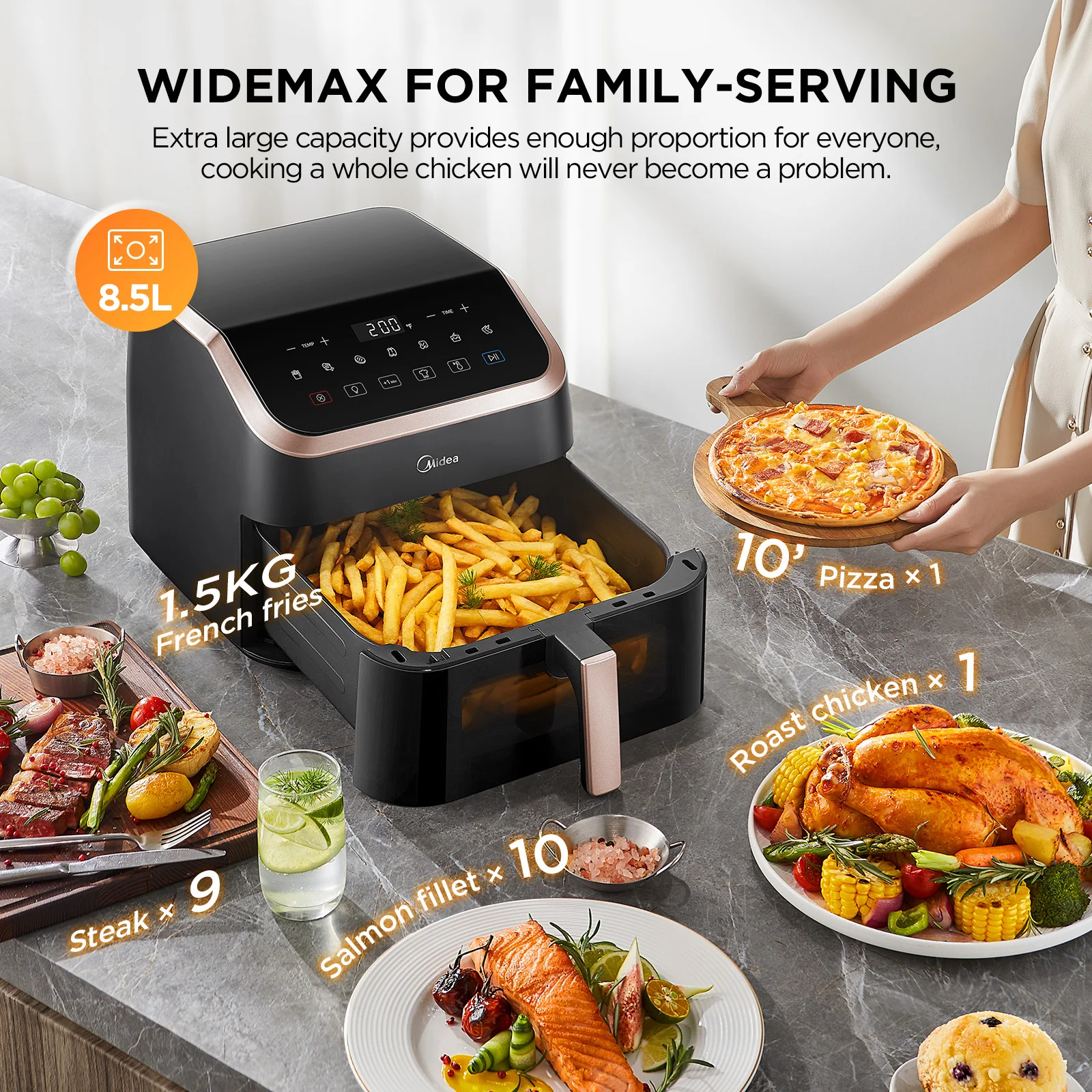 Friggitrice ad aria Midea XXL 9 L, 8 in 1, camere extra larghe, max 200 ° C, Friggitrice senza olio, Grigliare, Cottura, Arrostire, MAD85F9BPK
