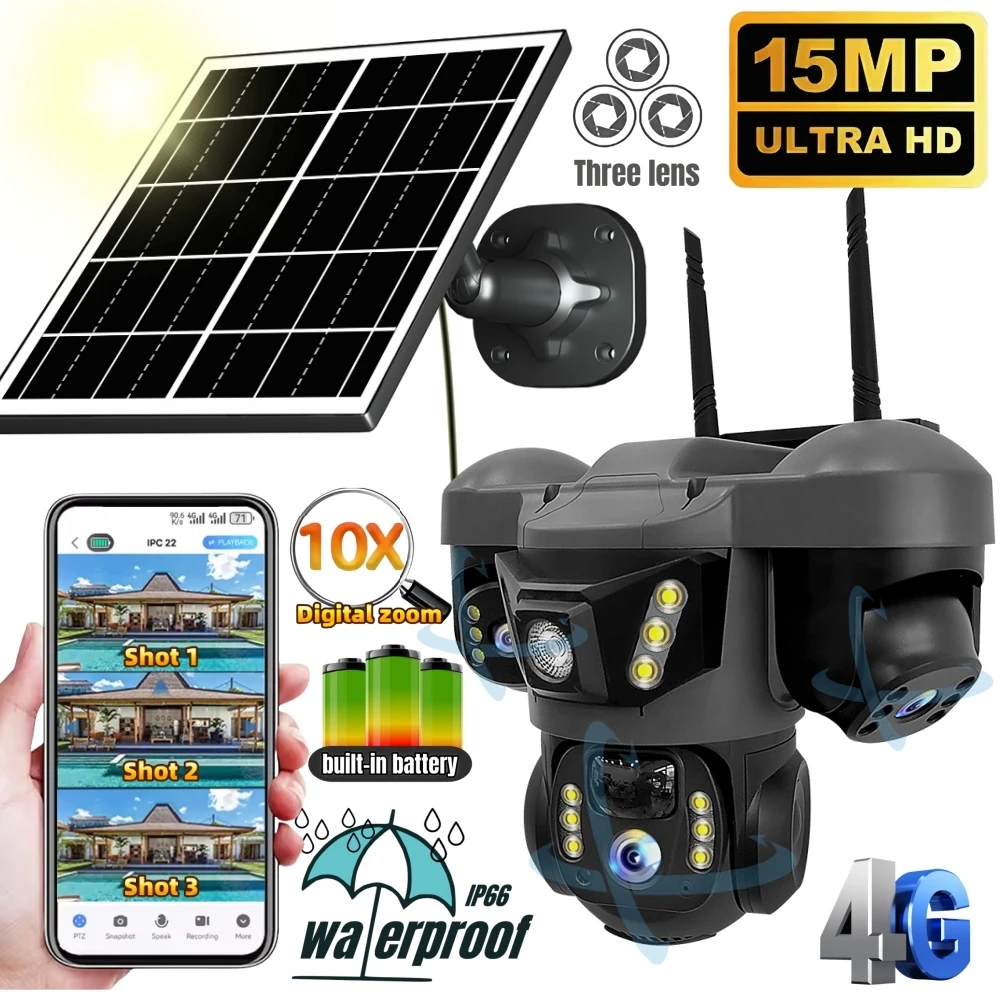 Telecamera solare esterna da 15MP 4G Tre lenti Tre schermi PIR Motion Detection Cam Visione notturna impermeabile Smart Security PTZ CCTV