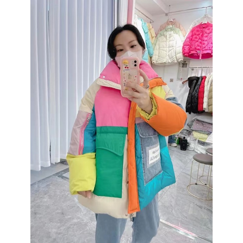 Overs ize Denim gespleißt Daunen jacke Frauen große Taschen Wintermantel Reiß verschluss Patchwork Puffer Jacke hochwertige wind dichte Verdickung