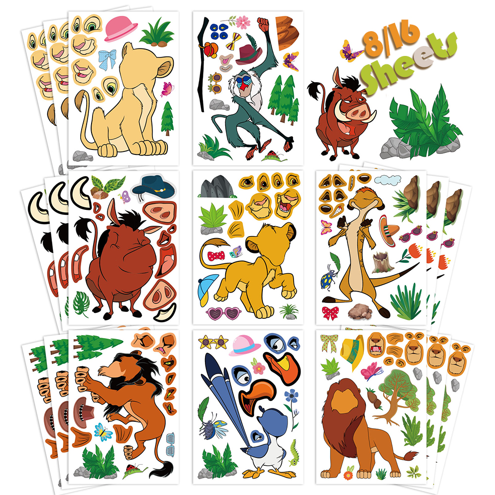 8/16 hojas de pegatinas de rompecabezas del Rey León de Disney, juego de hacer una cara para niños, rompecabezas DIY, juguetes educativos para niños, calcomanías de dibujos animados, regalo