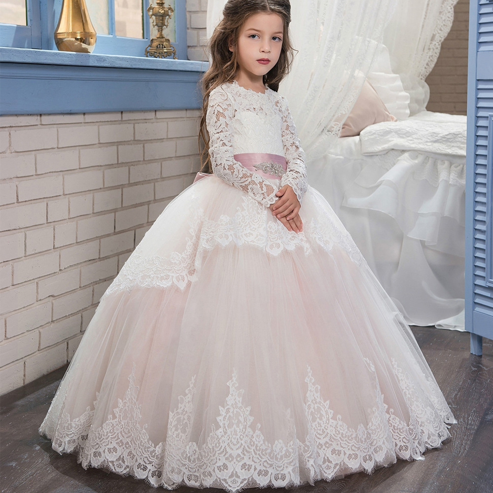 Süße Spitze Blumenmädchenkleider mit langen Ärmeln O-Ausschnitt formelles Kleid für kleine Mädchen Hochzeitsgastkleid Geburtstagsparty-Kleider