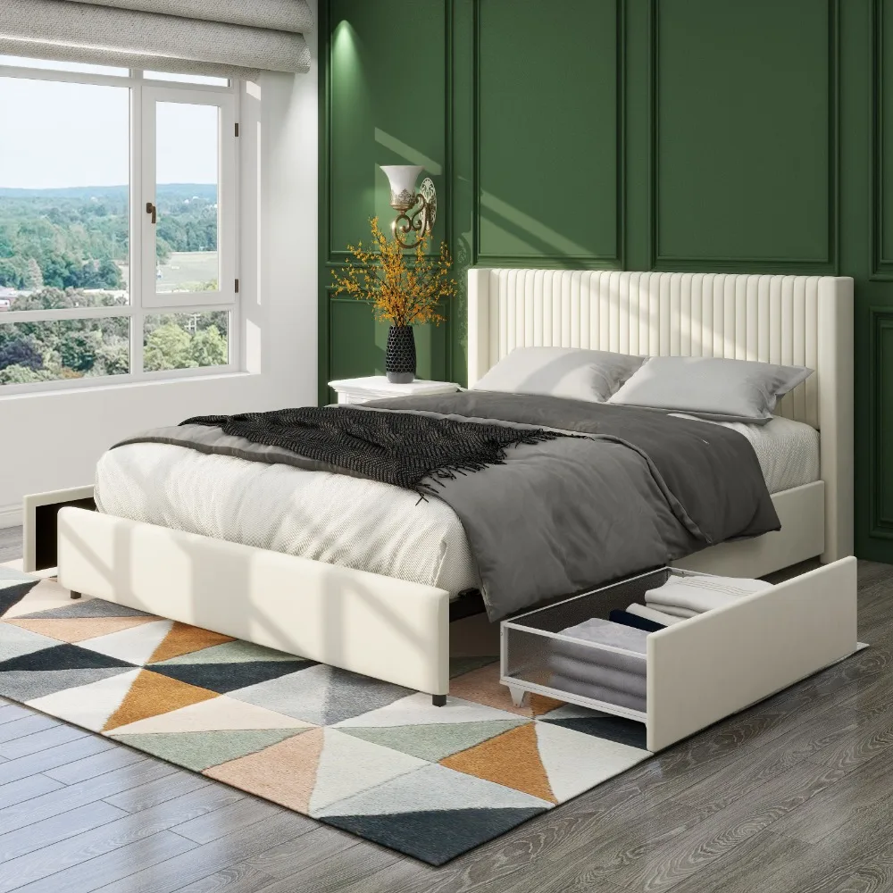 Queen Size Platform Bed with 2 Storage Drawers, Upholstered Velvet Wingback Headboard, Wooden Slat Support, No Box Spring Needed