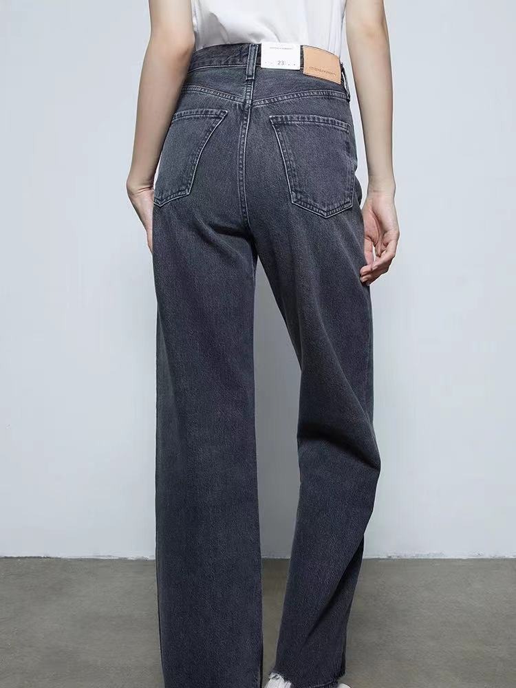 Calças jeans compridas de cintura alta feminina, moda rua, preto, azul, sem elástico, perna larga, flare, jeans