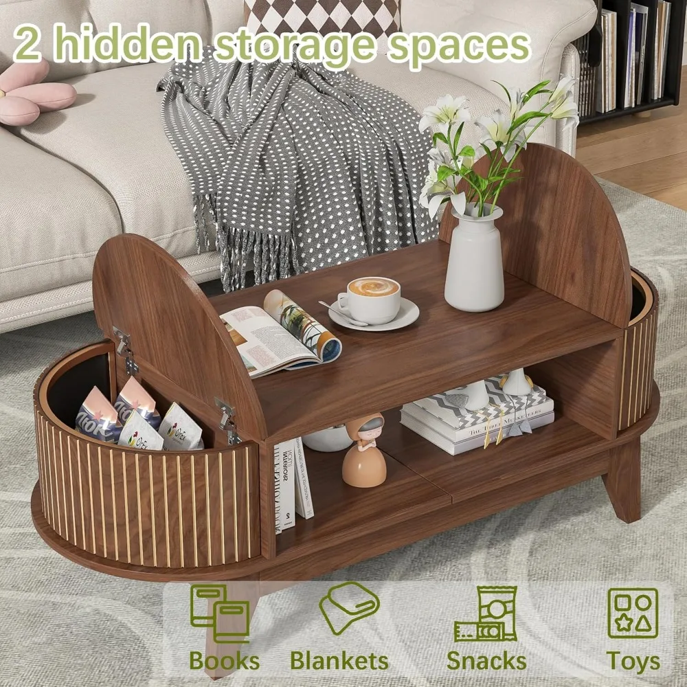Couchtisch mit Stauraum, moderner Mid-Century-Couchtisch mit 2 klappbaren versteckten Deckeln, geschlitztem Couchtisch, Mitteltisch aus Holz