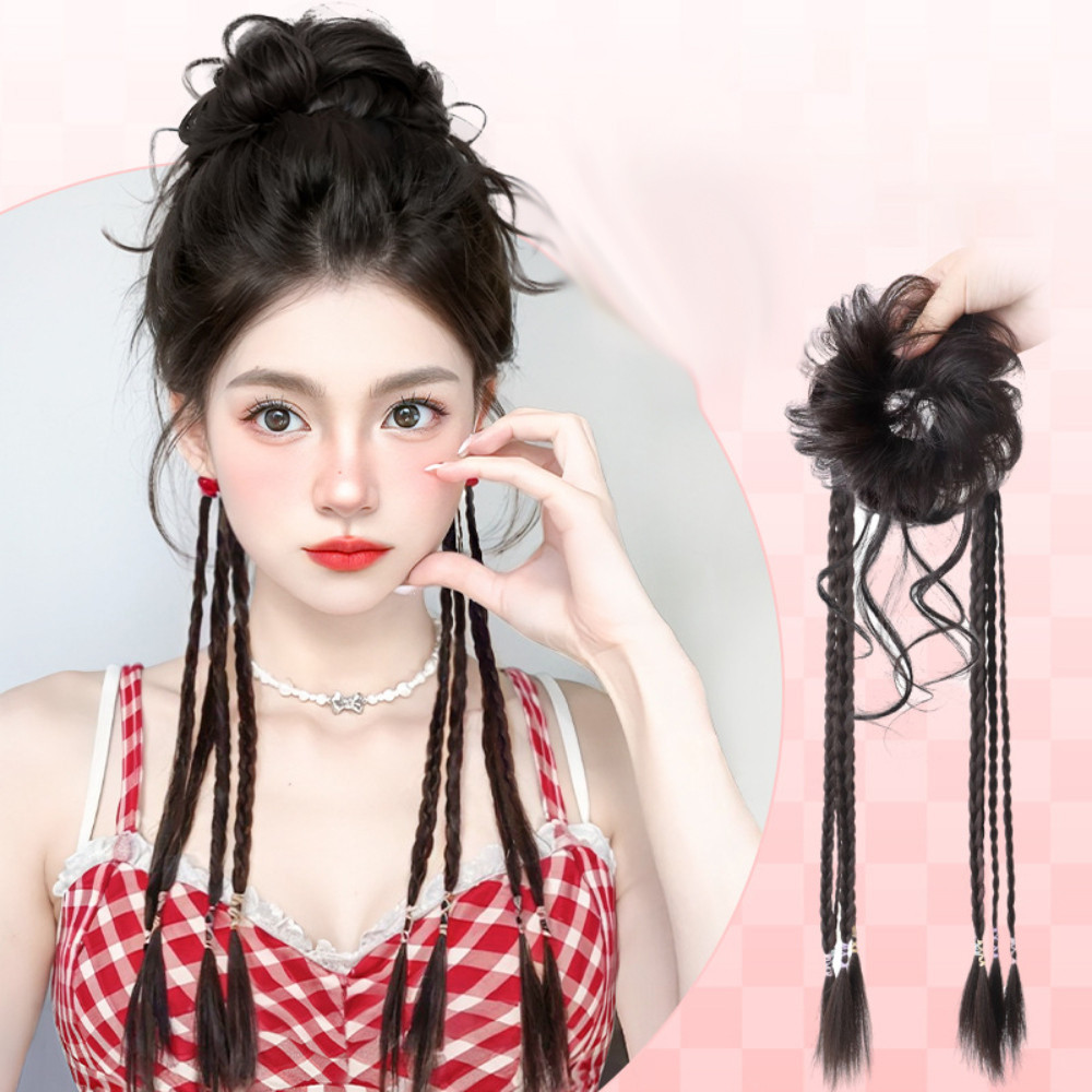 Chinese Stijl Bloemknop Hoofd Synthetische Pruiken Natuurlijke Pluizige Iets Krullend Twisted Vlecht Pruik Haaraccessoires